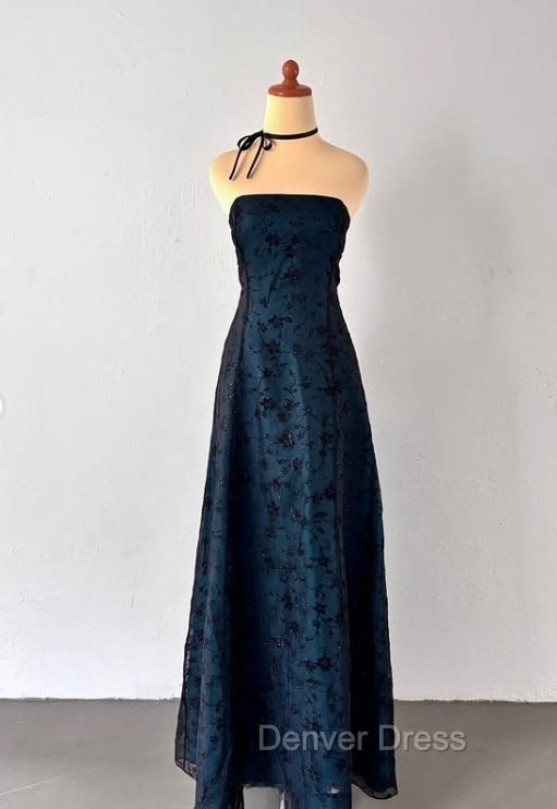 Vintage Strapless Blue Satin Sleeveless Black Tulle Beaded Ball Dress Birthday Prom Dresses