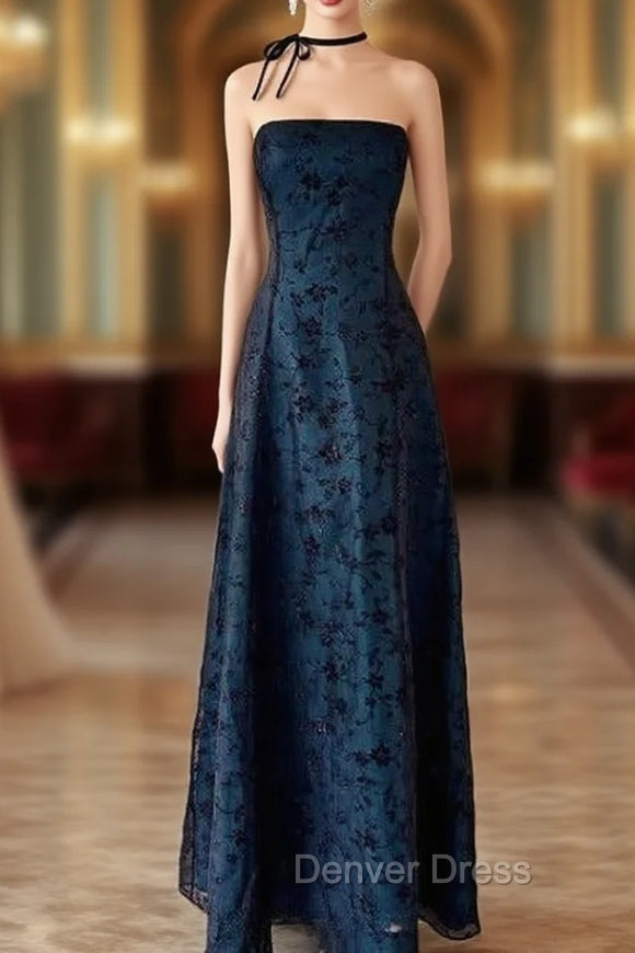 Vintage Strapless Blue Satin Sleeveless Black Tulle Beaded Ball Dress Birthday Prom Dresses