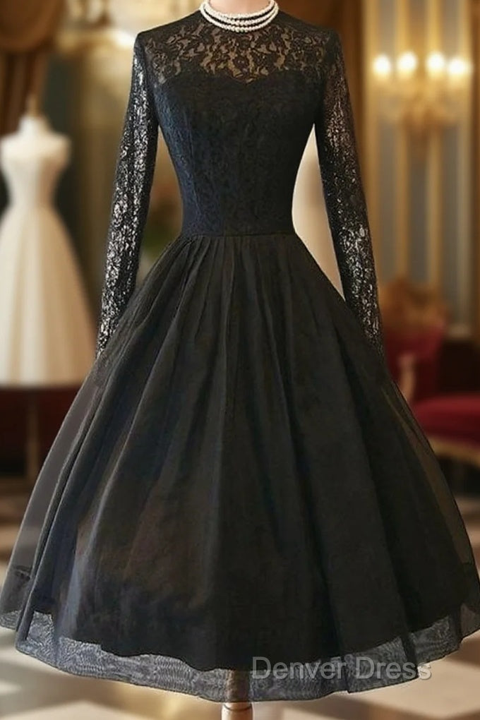 Vintage Style A-Line Knee-Length Long Sleeves Black Homecoming Dresses With Lace Main image