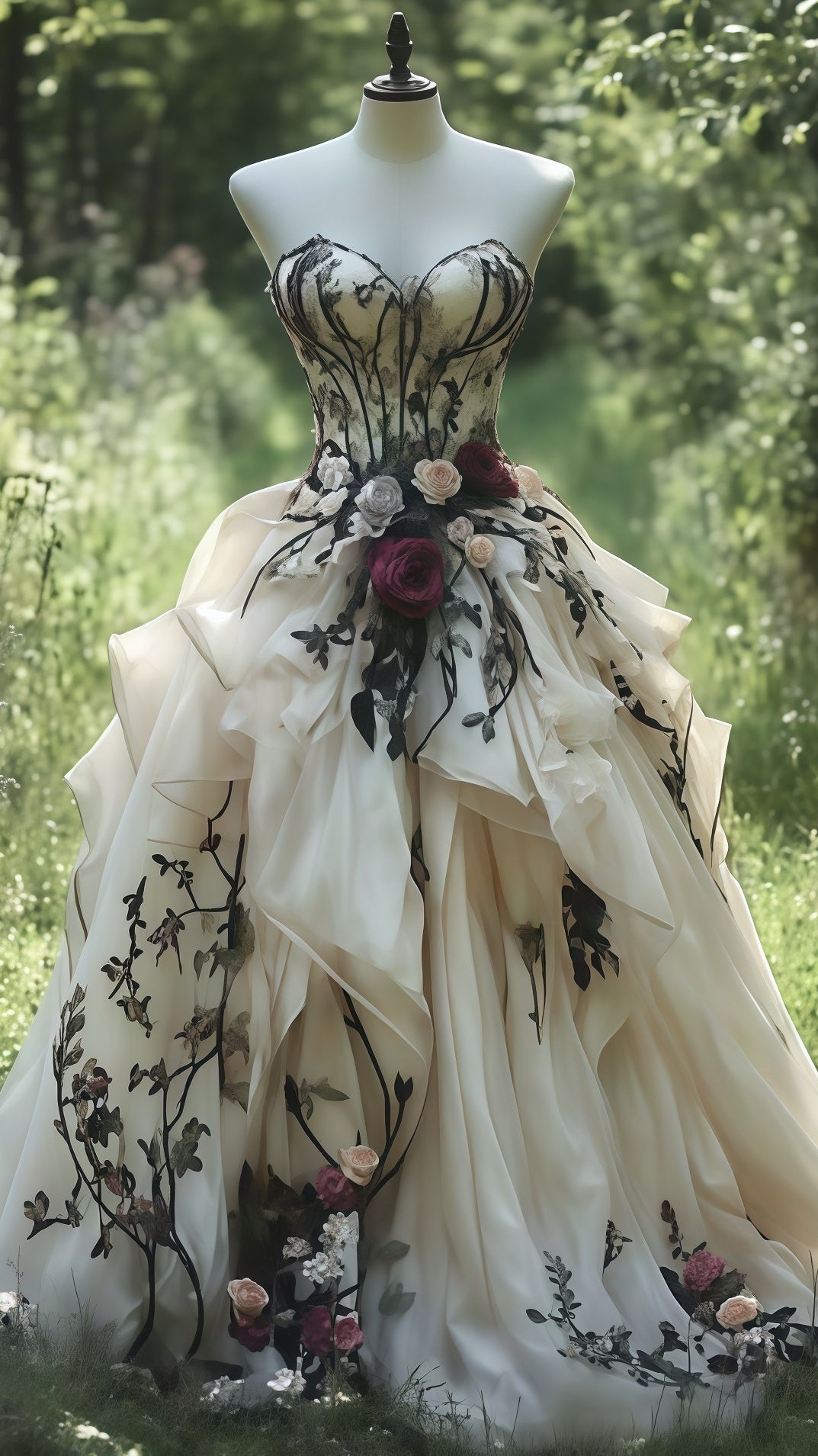 Vintage Sweetheart Floral Prom Dresses, Ivory Ruffle Ball Gowns Main image