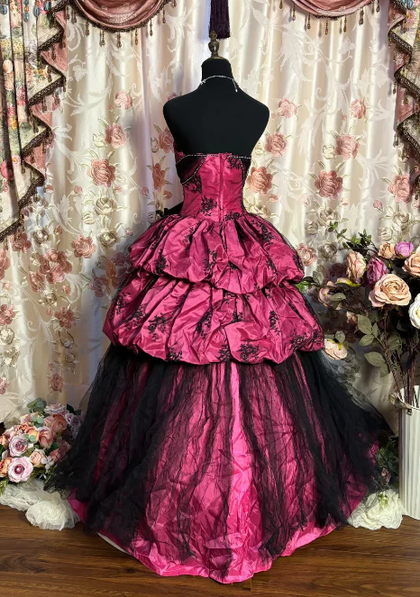 Vintage Sweetheart Neck Hot Pink Tulle Satin Layered Ball Gowns Prom Quinceanera Dresses With Bow Secondary image