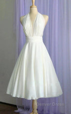 Vintage Tea-Length Chiffon Wedding Dresses With Halter Neck And Bow