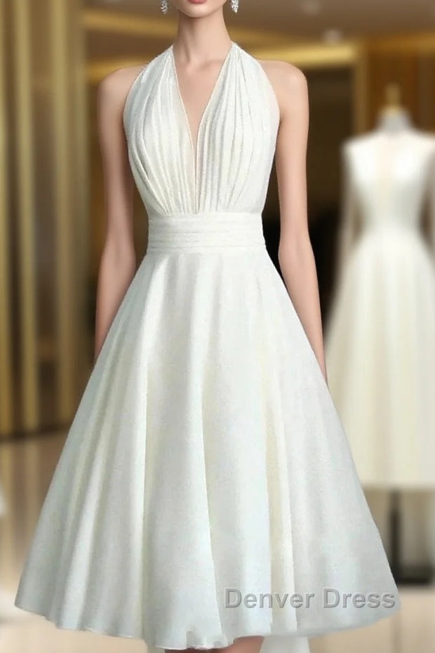 Vintage Tea-Length Chiffon Wedding Dresses With Halter Neck And Bow Main image