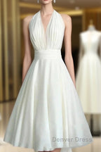 Vintage Tea-Length Chiffon Wedding Dresses With Halter Neck And Bow