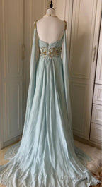 Vintage Tiffany Blue V Neck A Line Beaded Chiffon Long Prom Dress Prom Dress Wedding Dresses