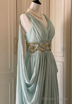Vintage Tiffany Blue V-Neck A-Line Beaded Chiffon Long Prom Dress Evening Dress Wedding Dress