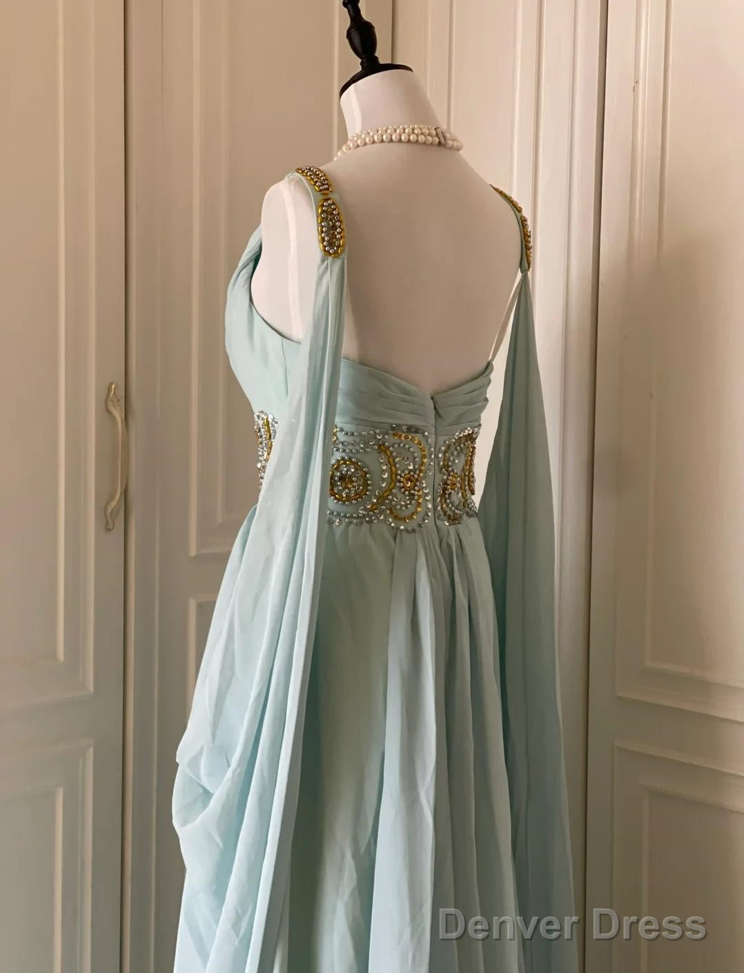 Vintage Tiffany Blue V-Neck A-Line Beaded Chiffon Long Prom Dress Evening Dress Wedding Dress
