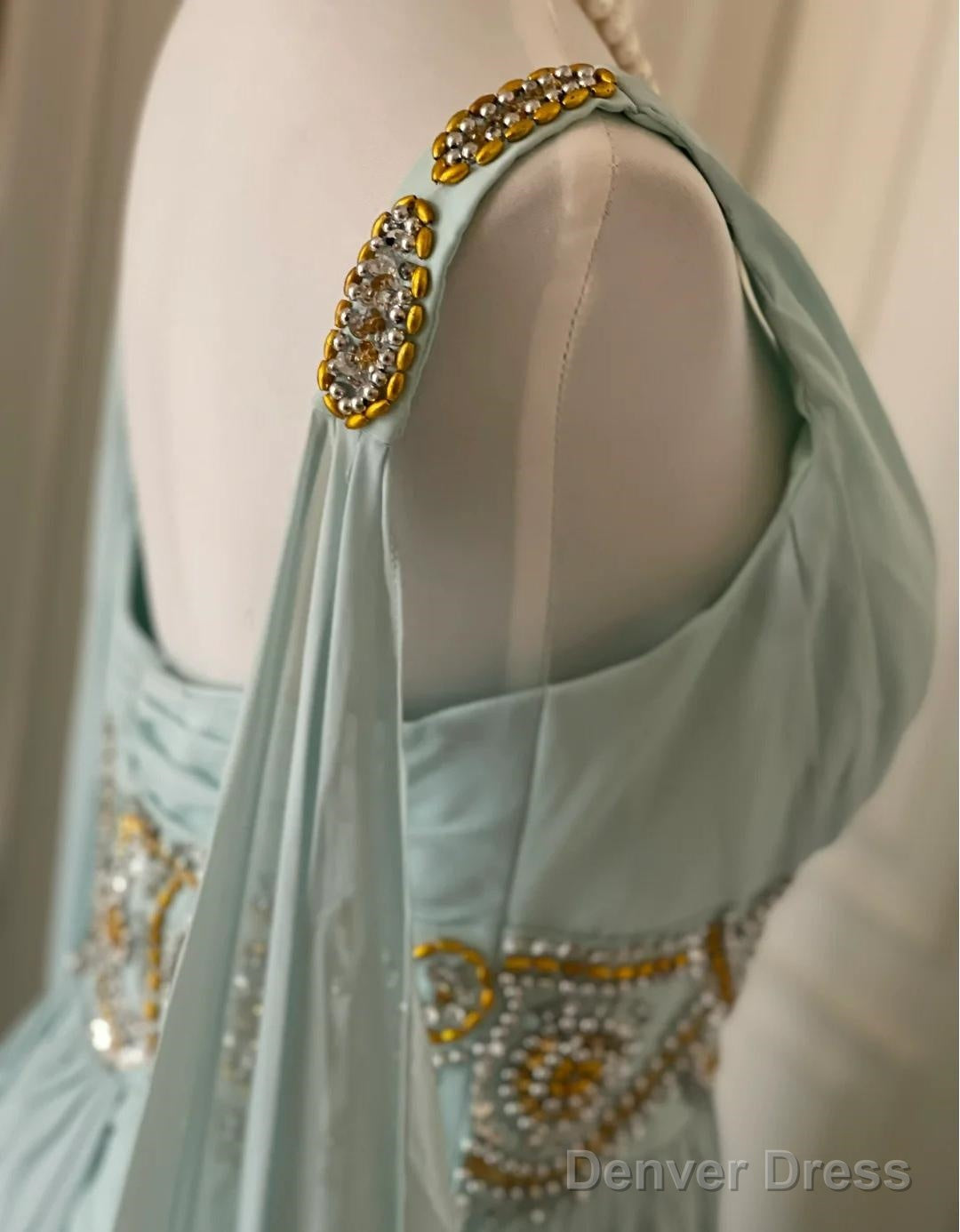 Vintage Tiffany Blue V-Neck A-Line Beaded Chiffon Long Prom Dress Evening Dress Wedding Dress