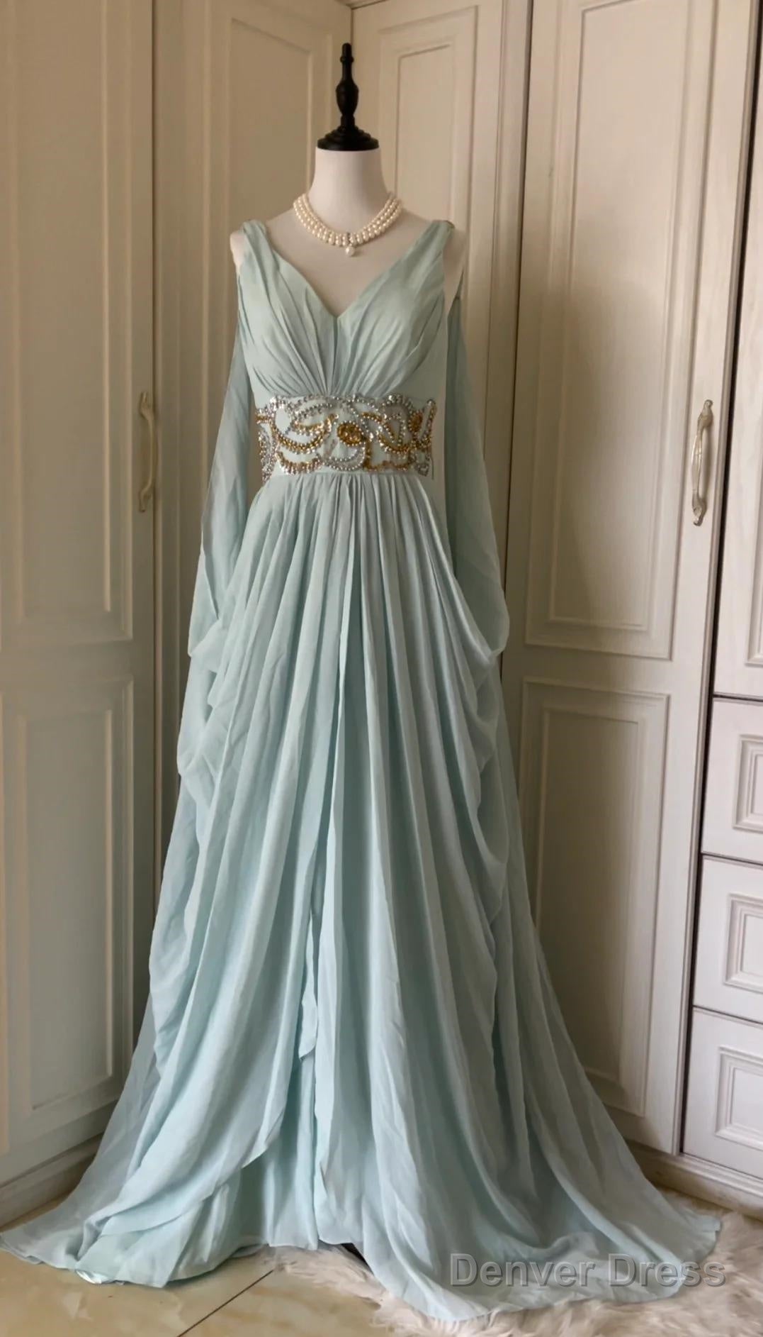 Vintage Tiffany Blue V-Neck A-Line Beaded Chiffon Long Prom Dress Evening Dress Wedding Dress Main image