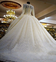 Vintage Unique Gorgeous Ball Gown Full Ivory Lace Beading Long Sleeve Elegant Lace Up Back Wedding Dress