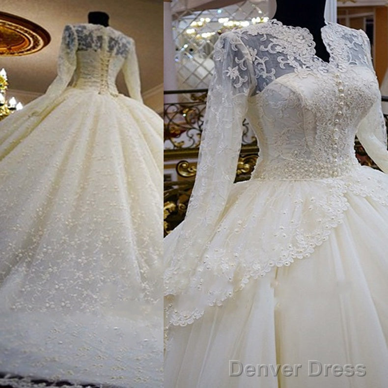 Vintage Unique Gorgeous Ball Gowns Full Ivory Lace Beading Long Sleeve Elegant Lace Up Back Wedding Dresses Main image