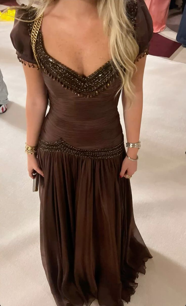 Vintage V Neck Brown Chiffon Beaded Mermaid Prom Dresses Long Prom Gown Main image