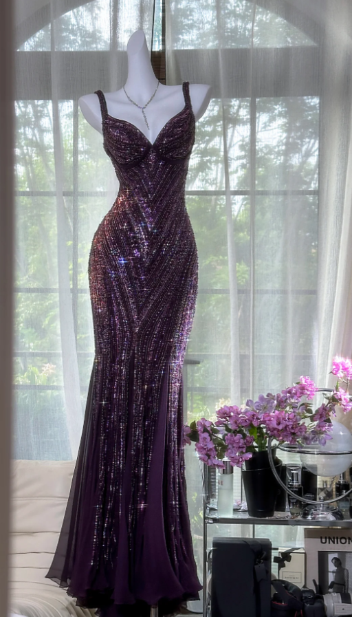 Vintage V Neck Dark Purple Chiffon Sequin Mermaid Long Prom Gowns Prom Dresses Secondary image