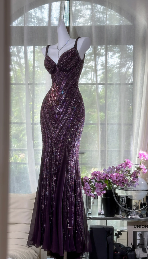 Vintage V Neck Dark Purple Chiffon Sequin Mermaid Long Prom Gowns Prom Dresses Main image