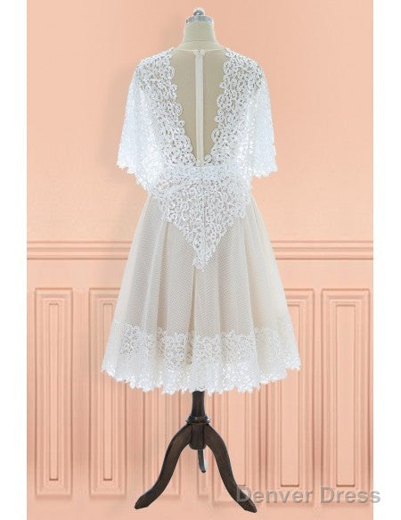 Vintage V-Neck Lace Knee Length Wedding Dress With Sleeves