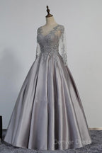 Vintage V Neck Long Sleeves Appliques Beading Long Prom Dresses