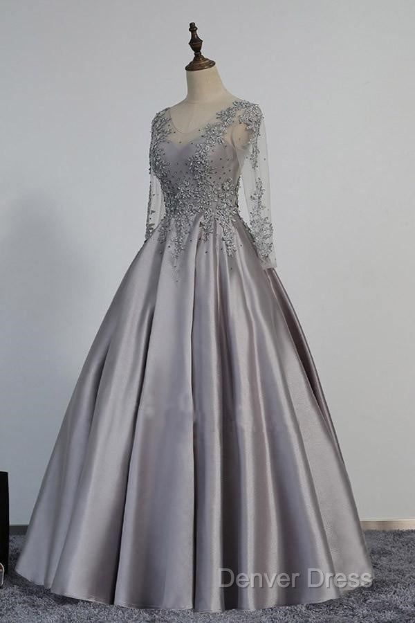 Vintage V Neck Long Sleeves Appliques Beading Long Prom Dresses