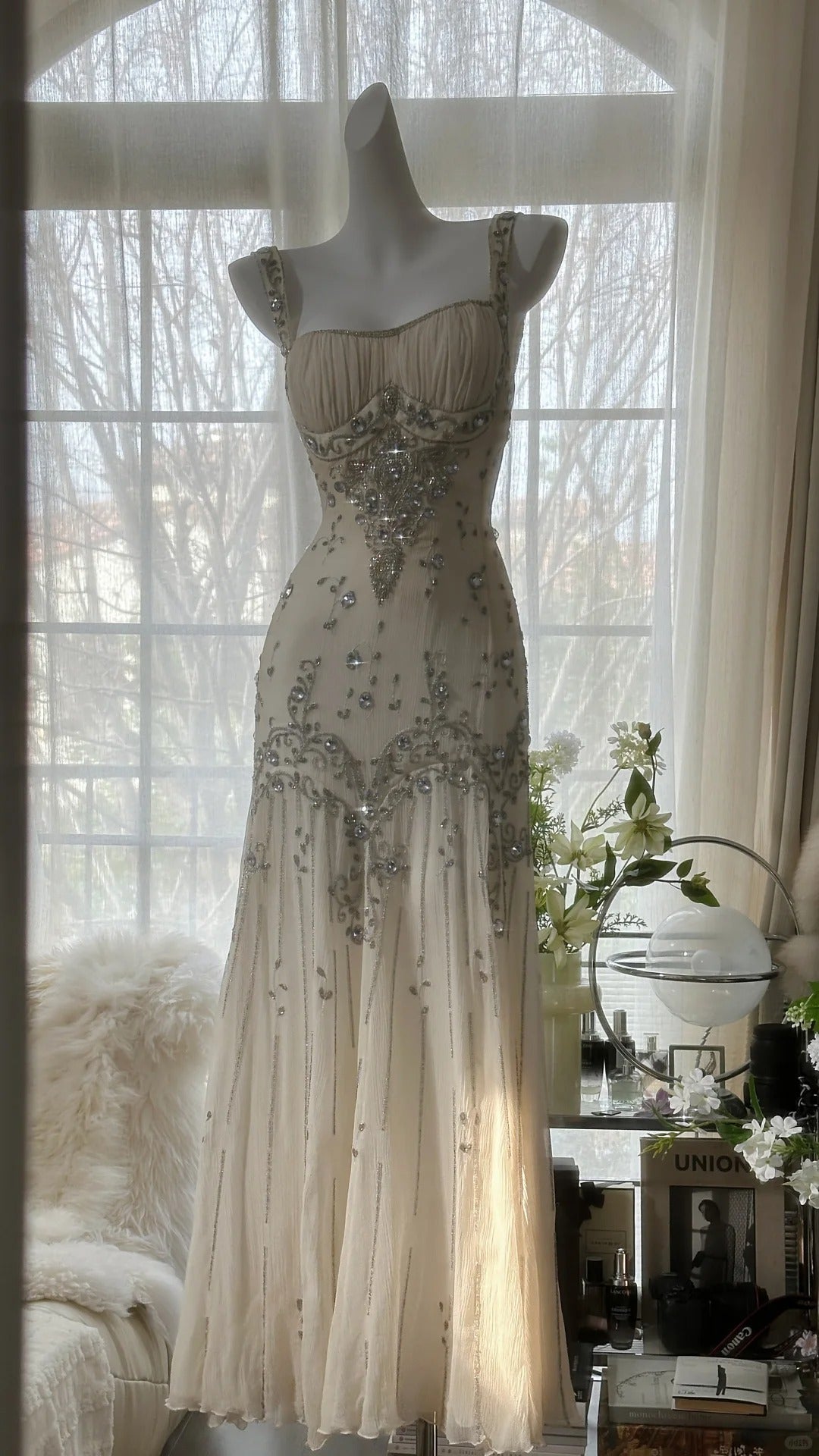 Vintage Ivory Beaded Chiffon Mermaid Prom Dresses