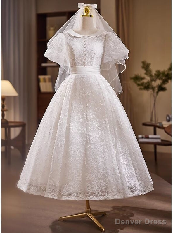 Vintage White Lace Puff Sleeve Wedding Dress Main image