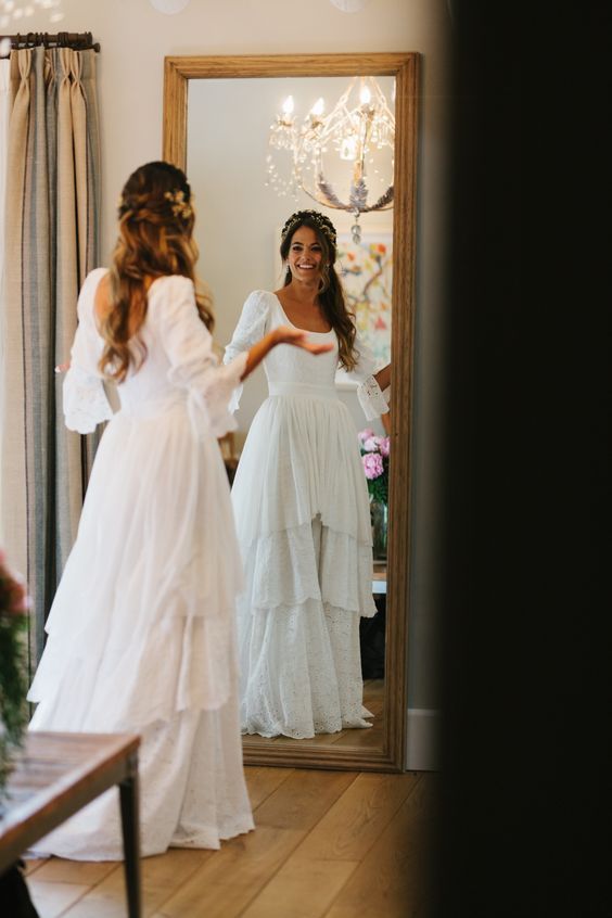 Vintage White Lace Wedding Gowns, Ruffle Bridal Dresses