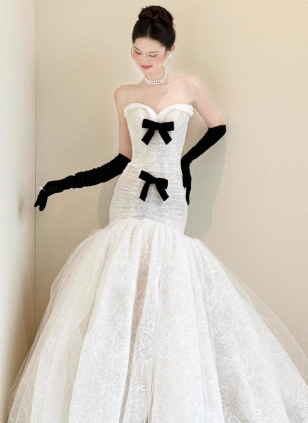 Vintage White Mermaid Sweetheart Neck Bow Lace Tulle Wedding Dresses