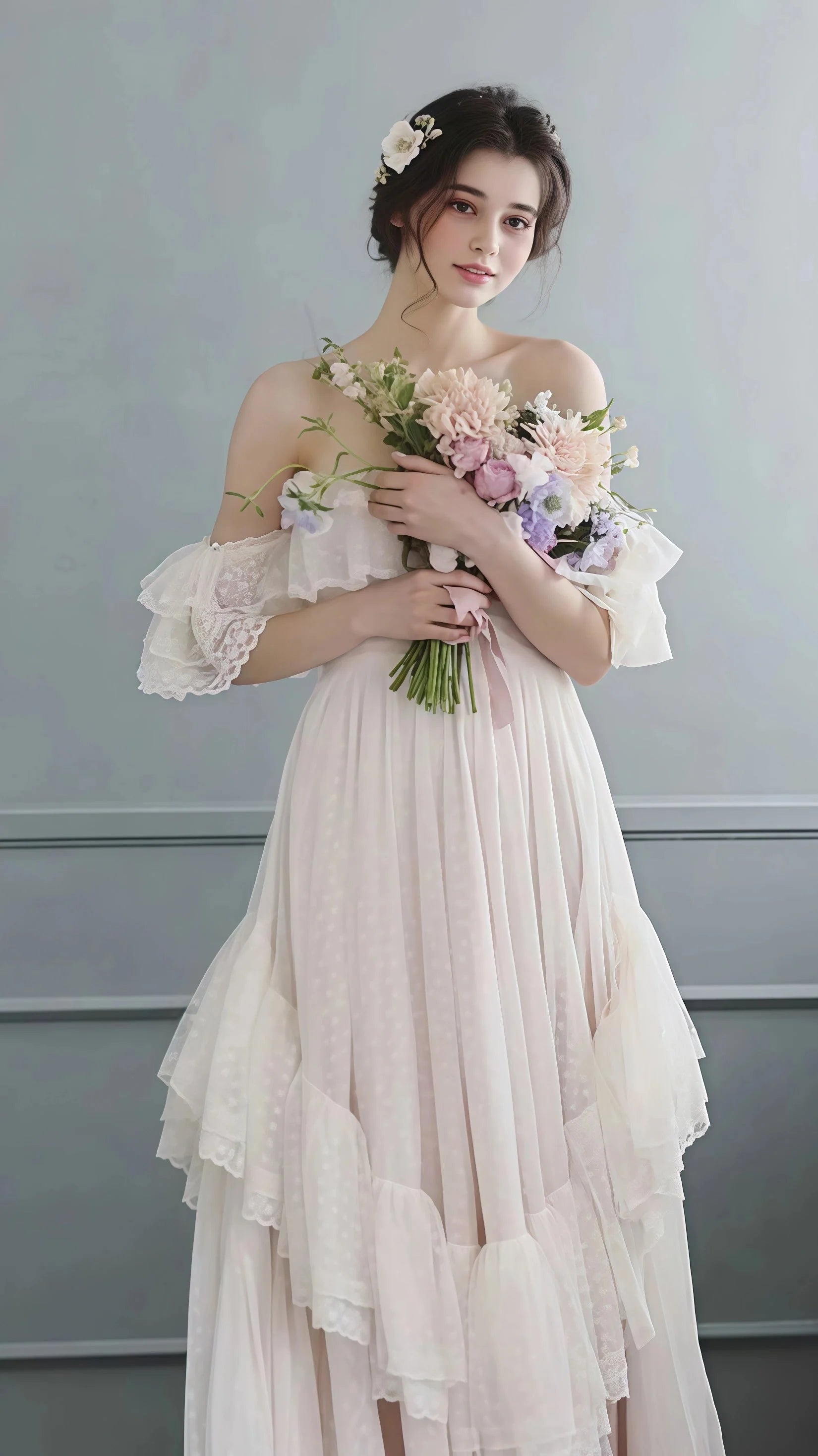 Vintage White Off The Shoulder Dots Ruffle Prom Dresses Secondary image