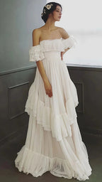 Vintage White Off The Shoulder Dots Ruffle Prom Dresses