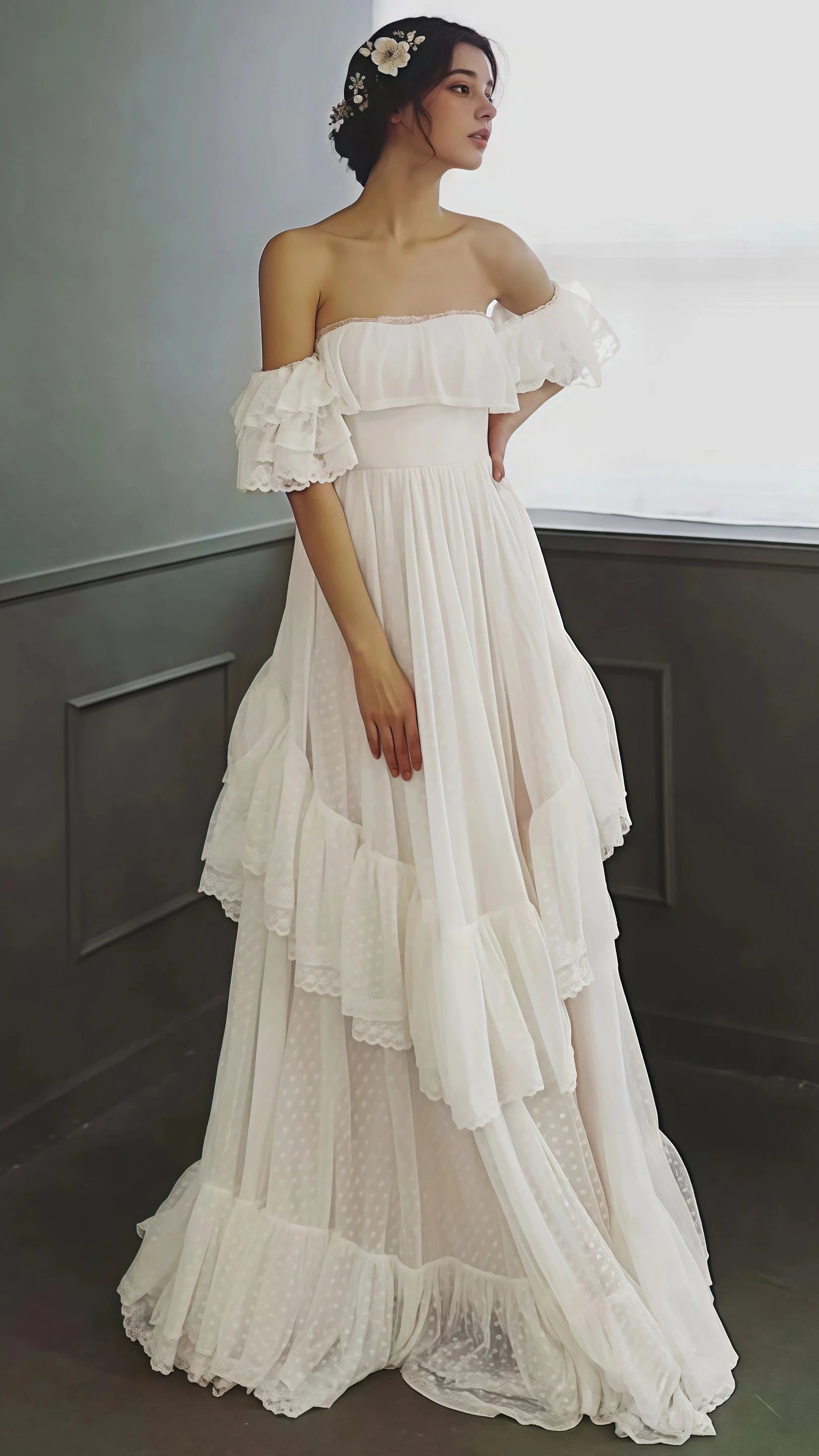 Vintage White Off The Shoulder Dots Ruffle Prom Dresses