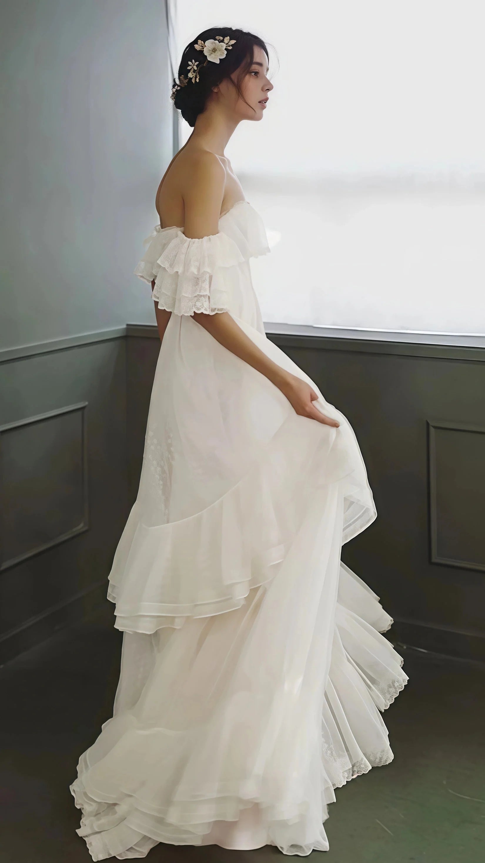 Vintage White Off The Shoulder Dots Ruffle Prom Dresses
