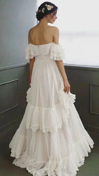 Vintage White Off The Shoulder Dots Ruffle Prom Dresses