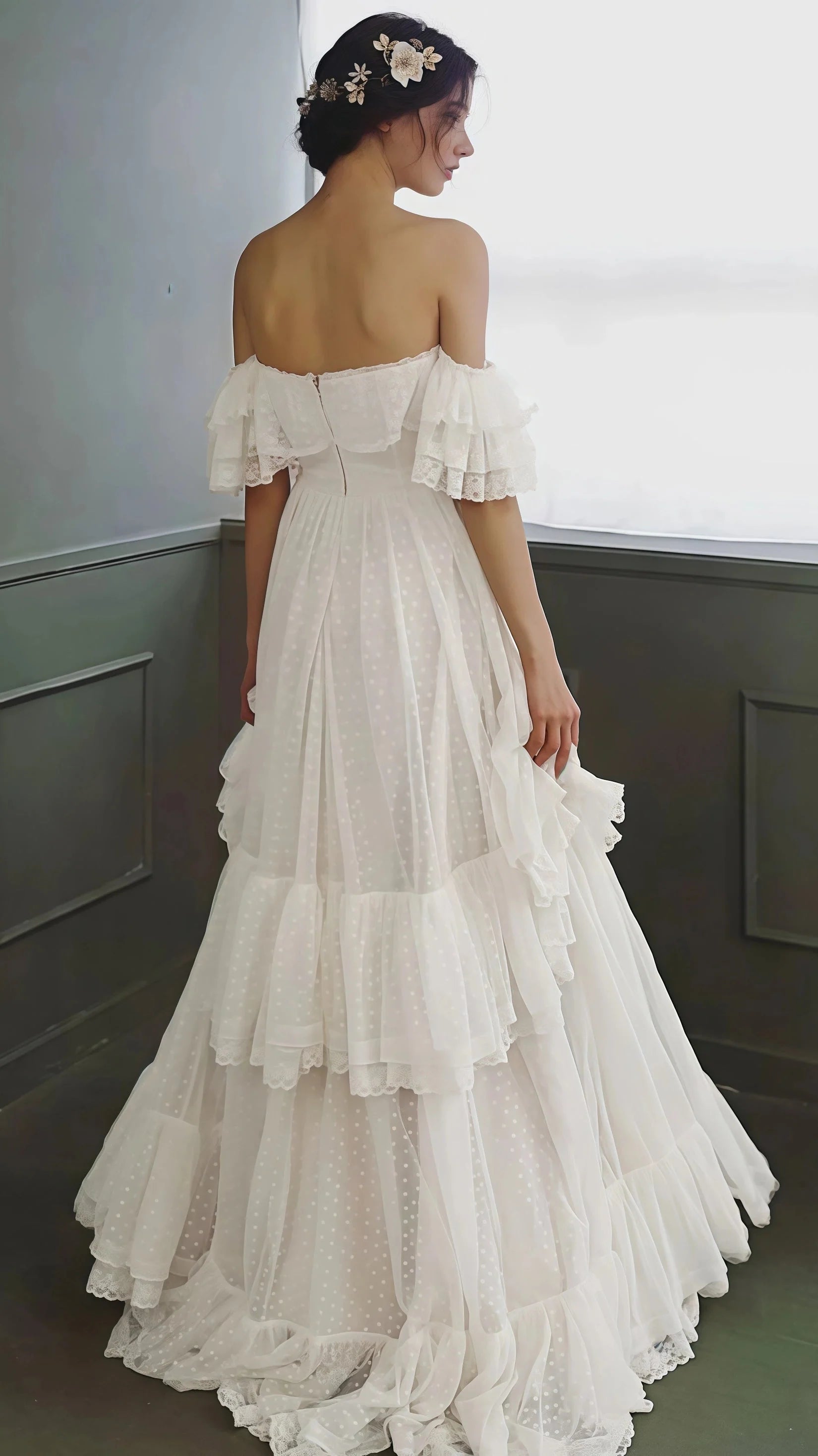 Vintage White Off The Shoulder Dots Ruffle Prom Dresses