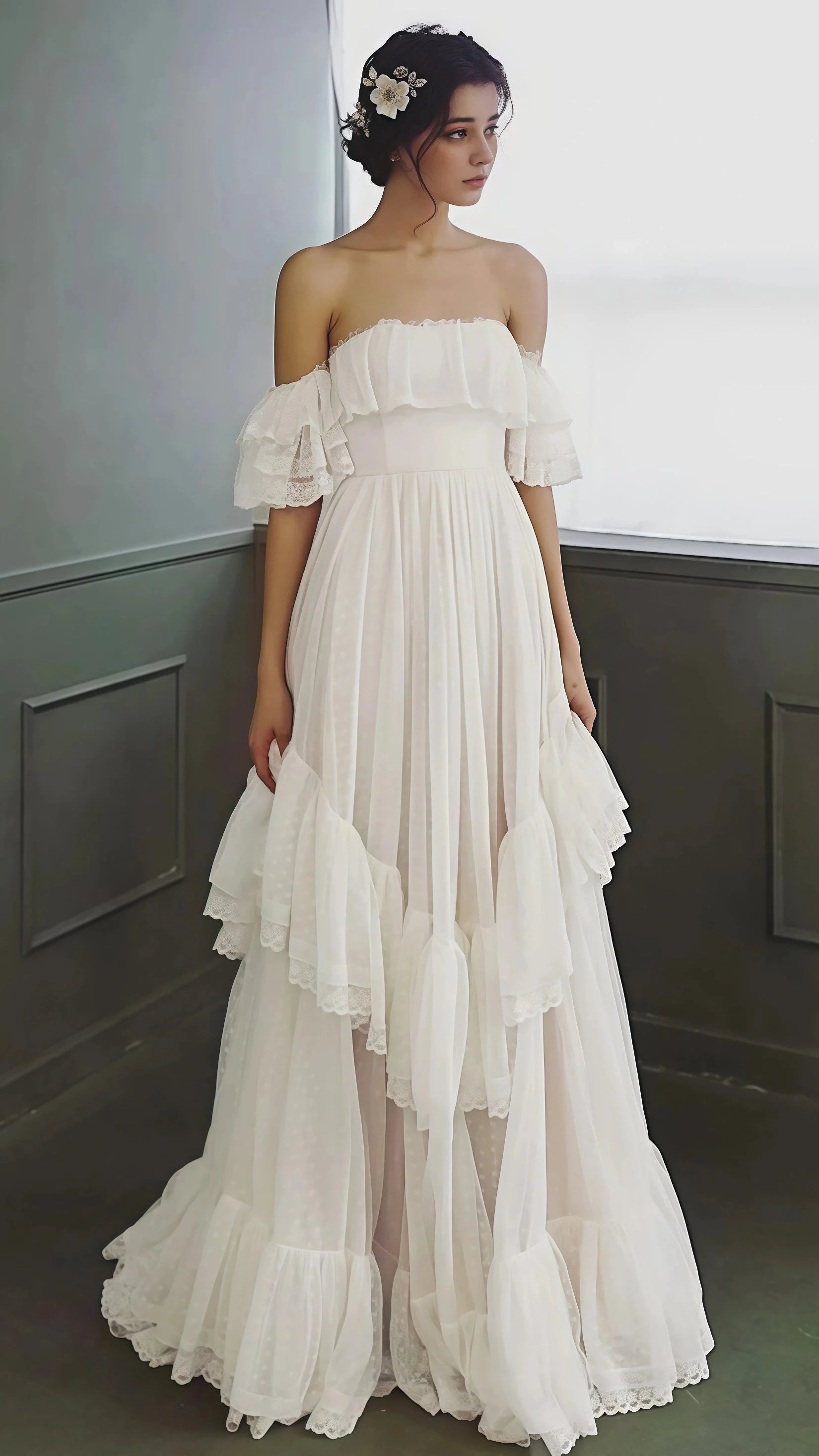 Vintage White Off The Shoulder Dots Ruffle Prom Dresses Main image