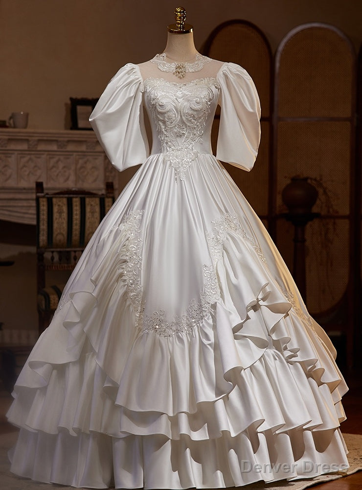 Vintage White Satin Puff Sleeve Appliques Wedding Dress Main image