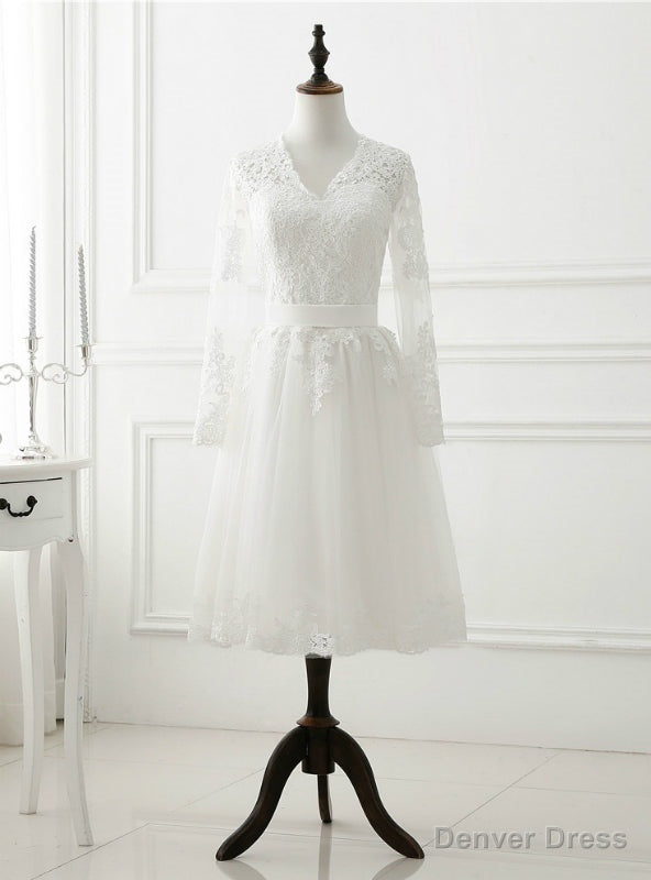 Vintage White Short Wedding Dress Long Sleeve Lace Tulle Main image