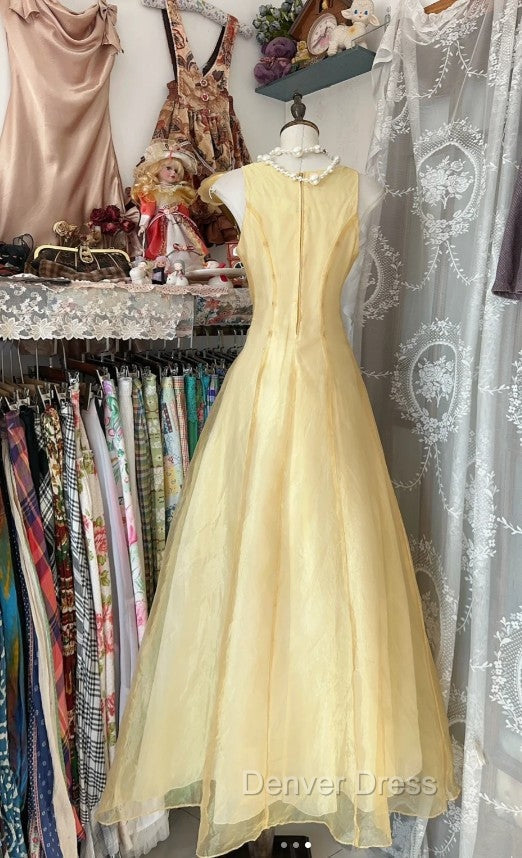 Vintage Yellow A-Line Boat Neck Tulle Long Prom Dresses Simple Embroidery Applique Evening Dresses