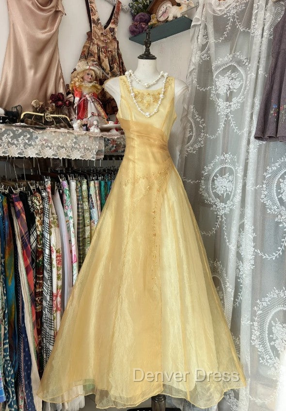 Vintage Yellow A-Line Boat Neck Tulle Long Prom Dresses Simple Embroidery Applique Evening Dresses