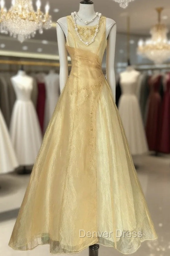 Vintage Yellow A-Line Boat Neck Tulle Long Prom Dresses Simple Embroidery Applique Evening Dresses