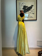 Vintage Yellow Fitted Halter Neck Satin Long Prom Dresses Evening Dresses Bridesmaid Dresses