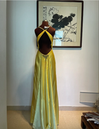 Vintage Yellow Fitted Halter Neck Satin Long Prom Dresses Evening Dresses Bridesmaid Dresses