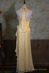 Vintage Yellow Halter Neck Floral Prom Gown Fairy Princess Prom Dress