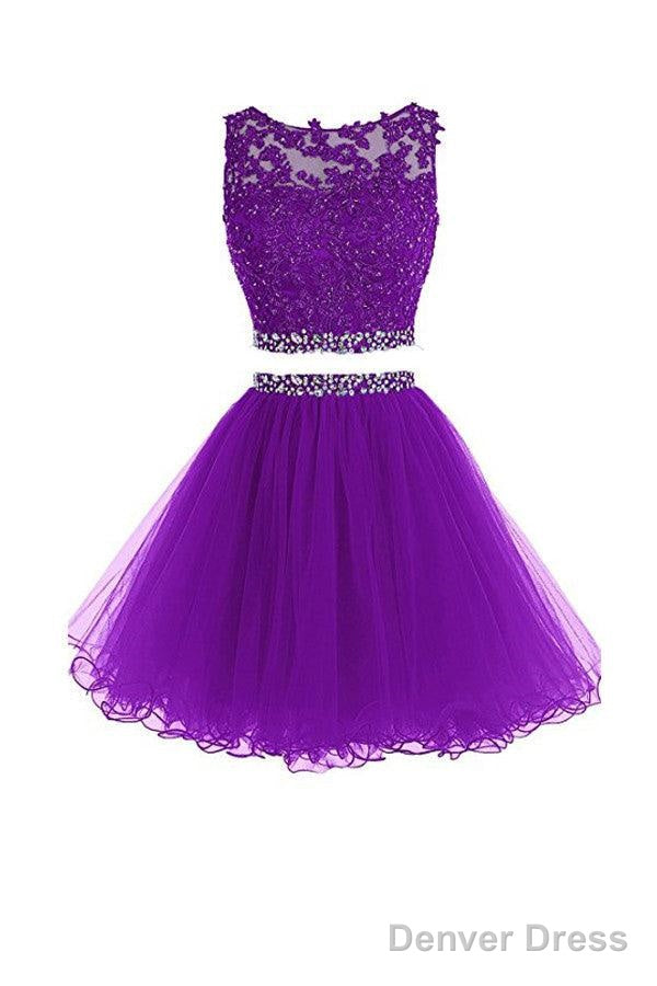 Violet Two Piece Tulle Homecoming Dress Short Prom Dresses With Beading
