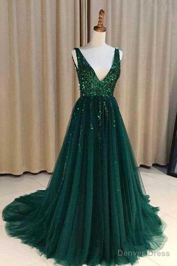 Chic A-Line V Neck Backless Dark Green Tulle Prom Dress with Sequins Evening Dresses Main image