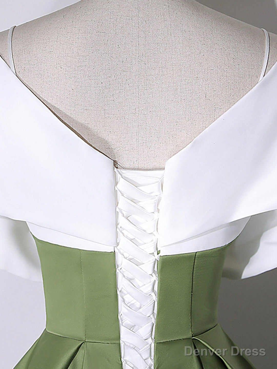 White+Green Satin Floor Length Prom Dress, V-Neck Off the Shoulder Evening Dress