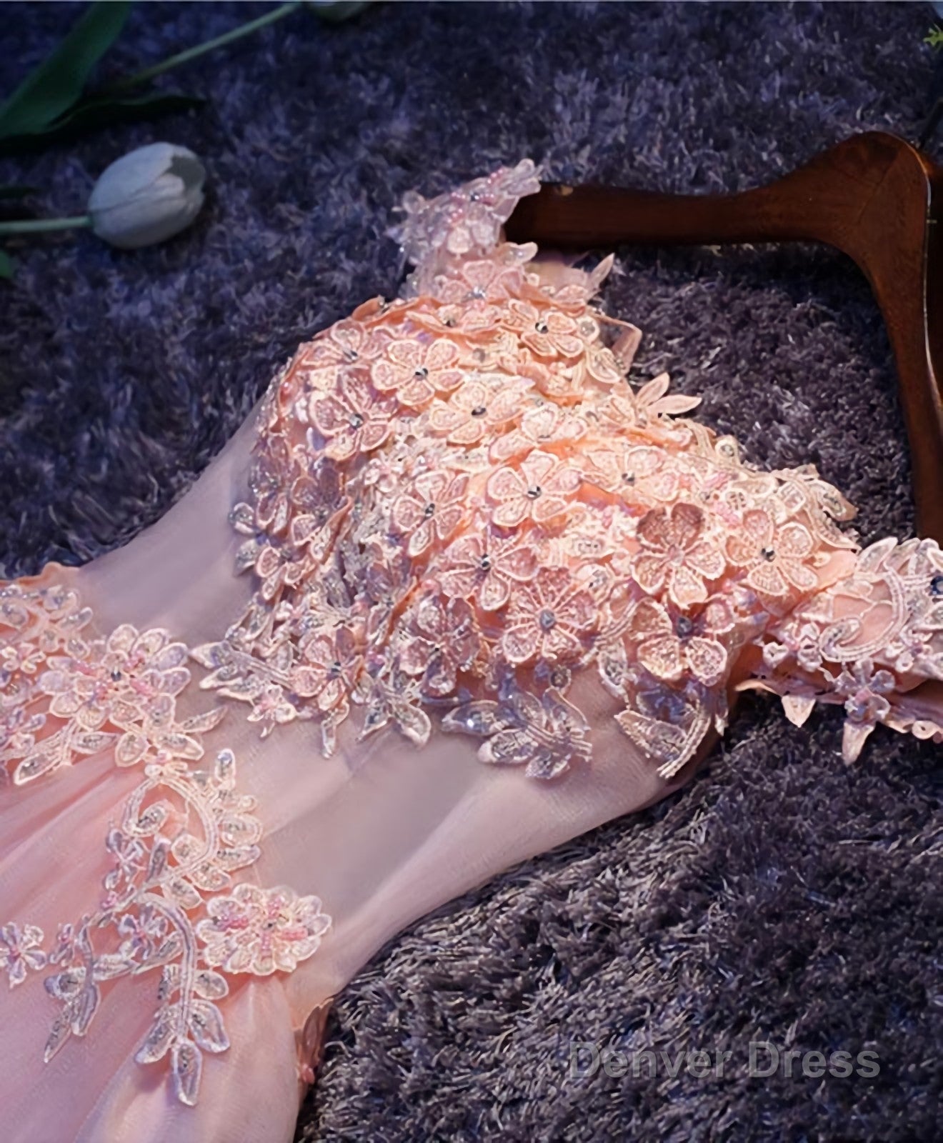 Pink A Line Tulle Lace Short Prom Dress, Homecoming Dresses
