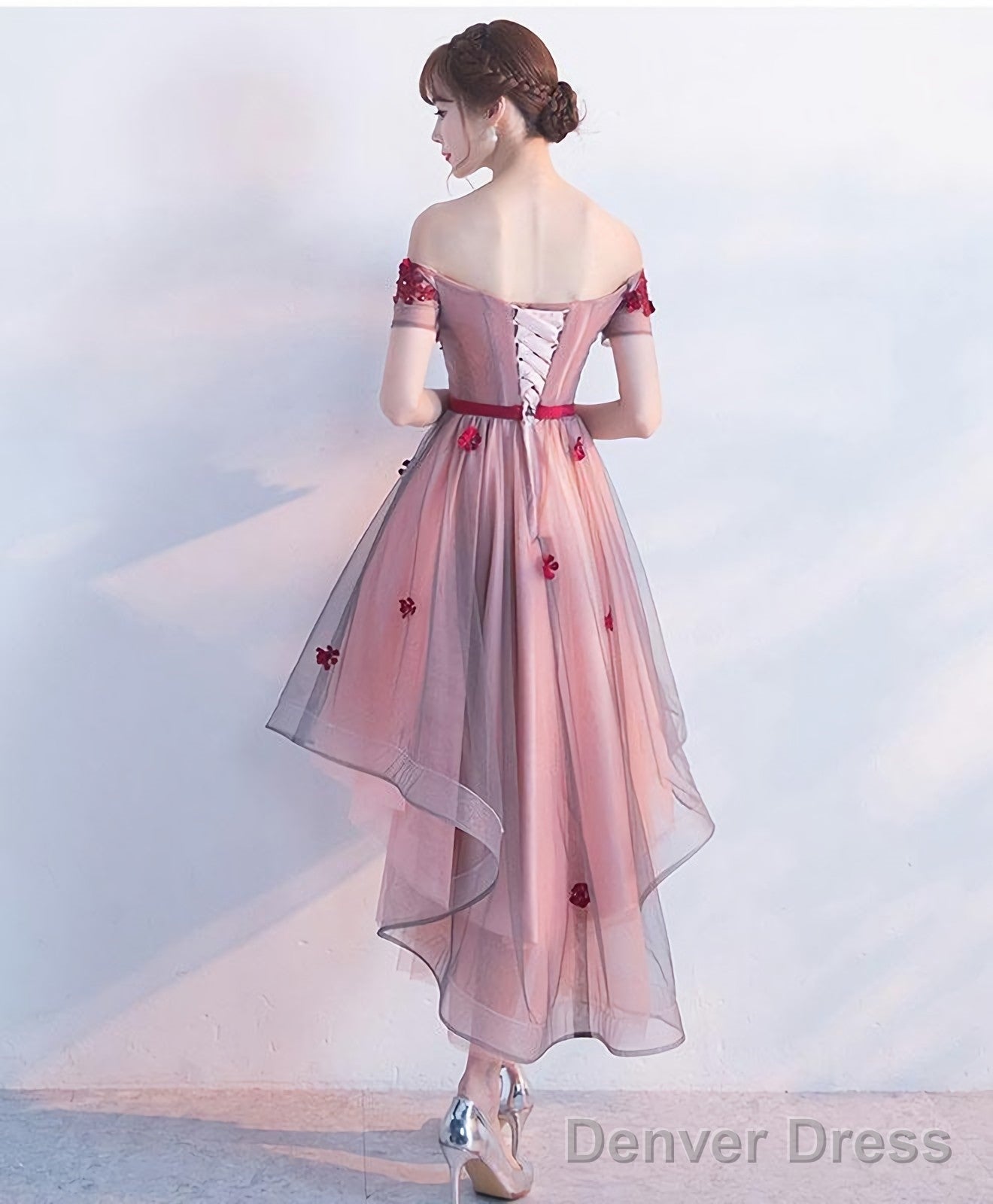 High Low Lace Tulle Off Shoulder Prom Dress Homecoming Dresses