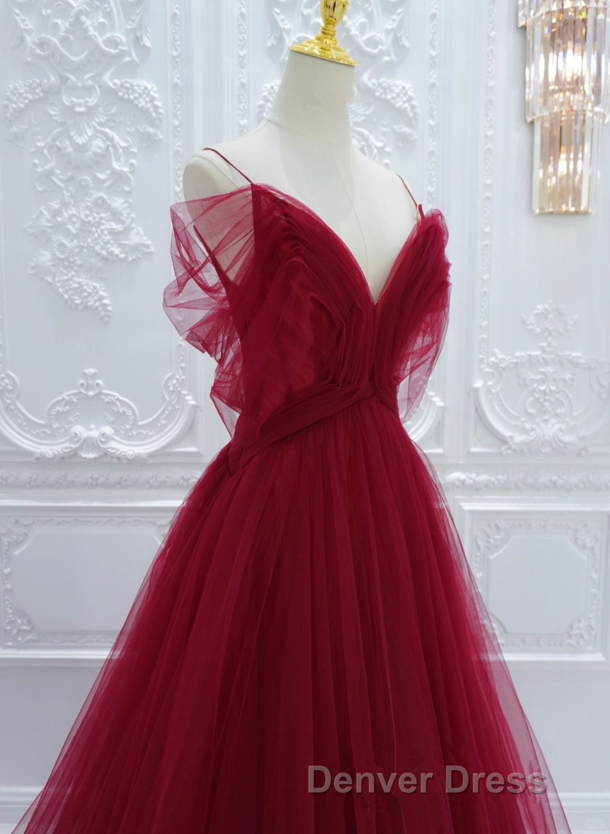 Wine Red Tulle V Neckline Off Shoulder With Bow, Wine Red Tulle Long Prom Dresses Secondary image