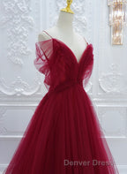 Wine Red Tulle V Neckline Off Shoulder With Bow, Wine Red Tulle Long Prom Dresses