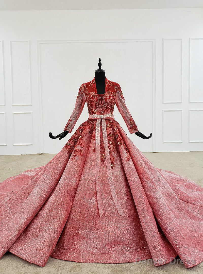Watermelon Red Ball Gowns Sequins V Neck Long Sleeve Beading Wedding Dresses Main image