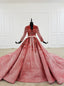 Watermelon Red Ball Gowns Sequins V Neck Long Sleeve Beading Wedding Dresses