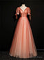 Watermelon Red Tulle Sequins Beading Short Sleeve Prom Dresses